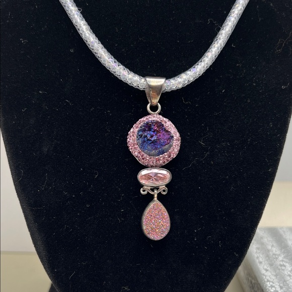 Natural Stone Jewelry - Elegant Drusy, Titanium & Rose Quartz  Iridescent Crystal Mesh Tube Necklace NIB